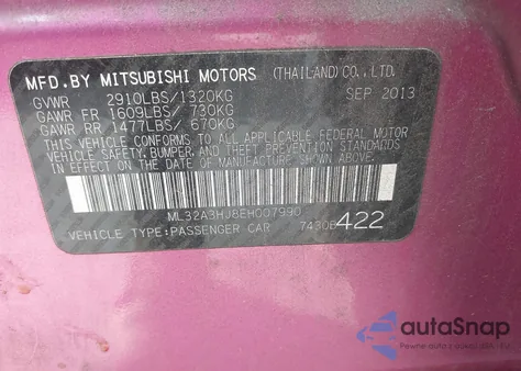 2014 Mitsubishi Mirage De из США, поврежденный, VIN ML32A3HJ8EH007990